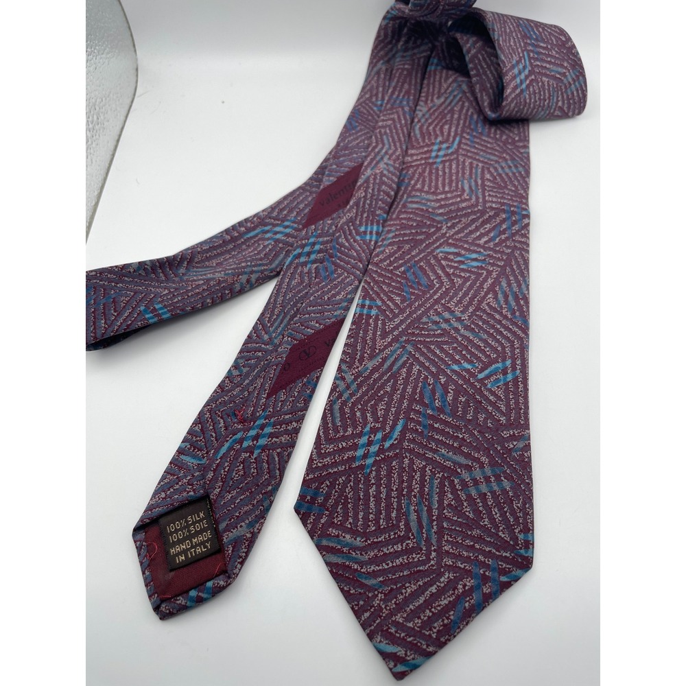 Valentino Cravatte Silk Tie Burgundy Teal Geometric Abstract Handmade Italy